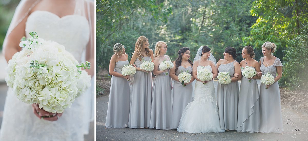bride with her bridesmaids on her wedding day and close up of her bridal bouquet