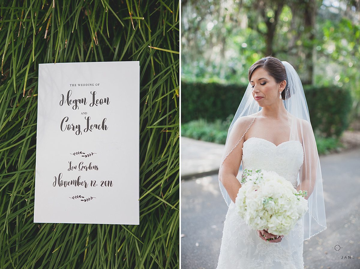 bride in her wedding dress and wedding invitation