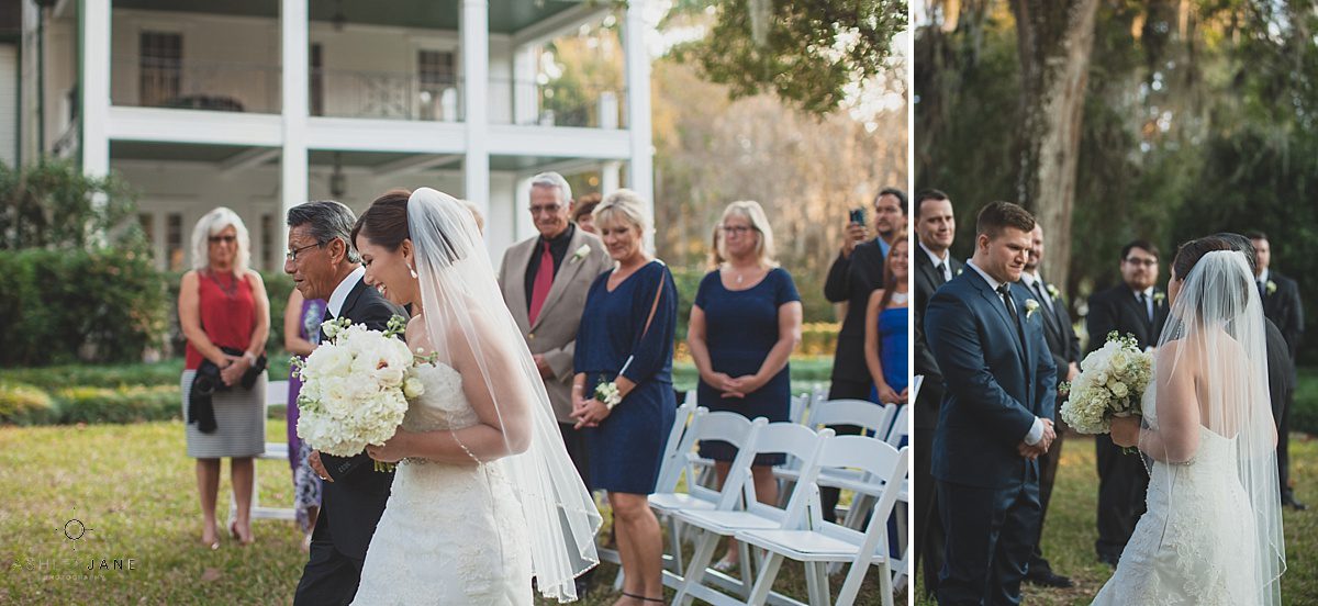 almost at the altar bride with the father of the bride outdoor wedding