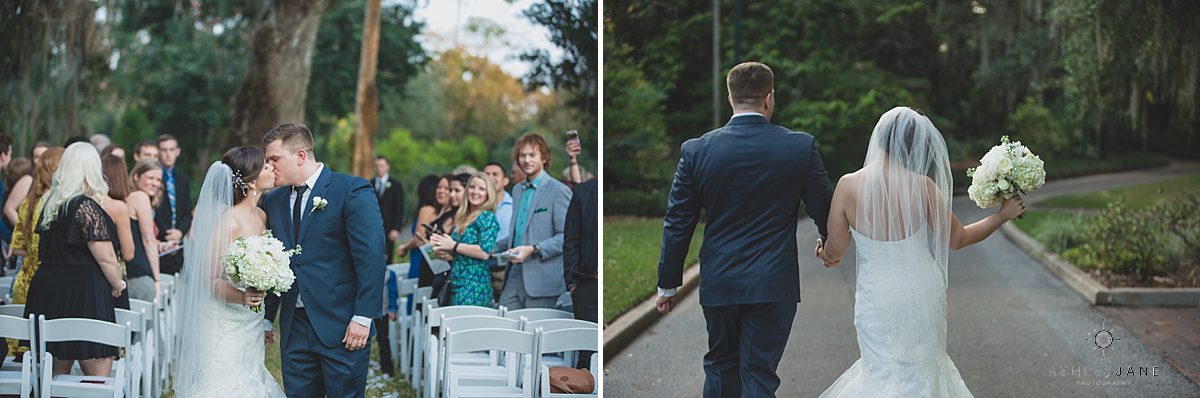 bride and groom now husband wide kissing as they leave their outdoor ceremony