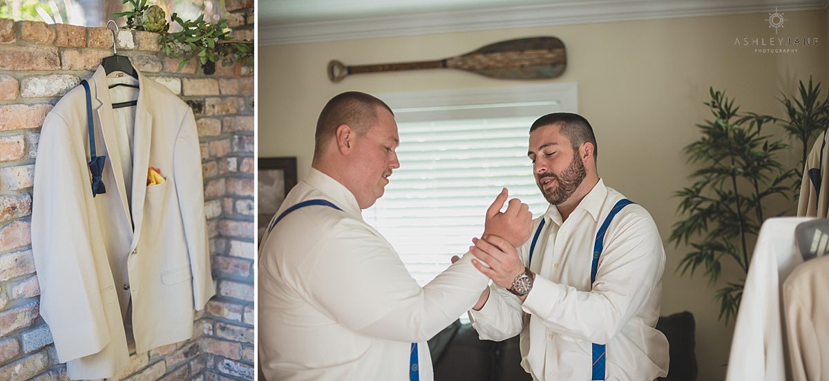 groom getting ready on his wedding day khaki suit orange and blue