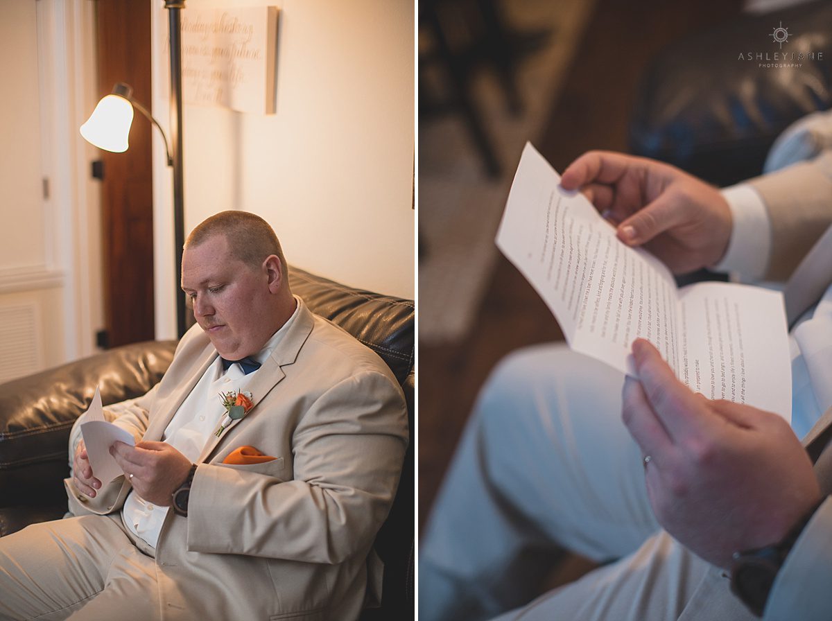 groom in khaki suit reading a letter from his bride