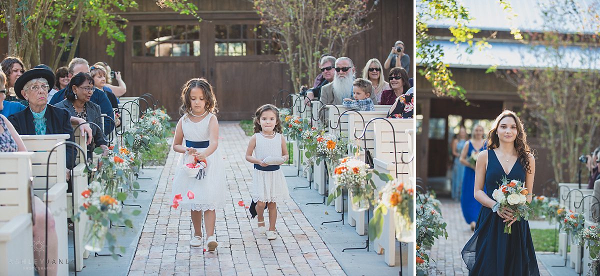 bridesmaid and flower girls walking down the aisle outdoor wedding