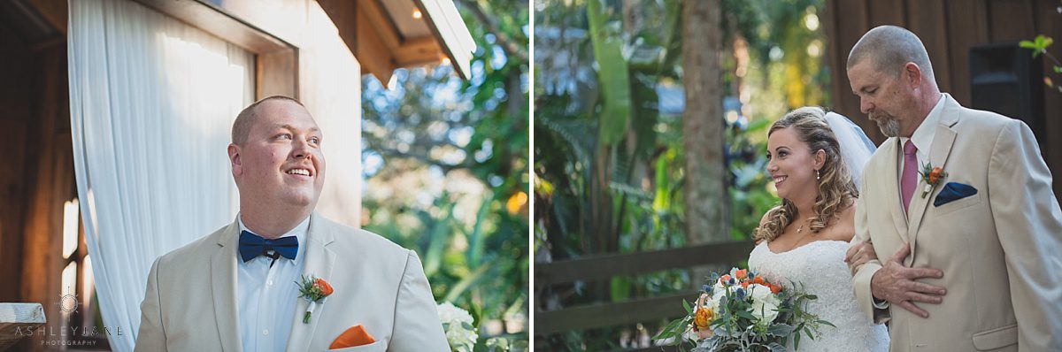 groom watching his bride walk down the aisle. father of the bride walks his daughter down the aisle