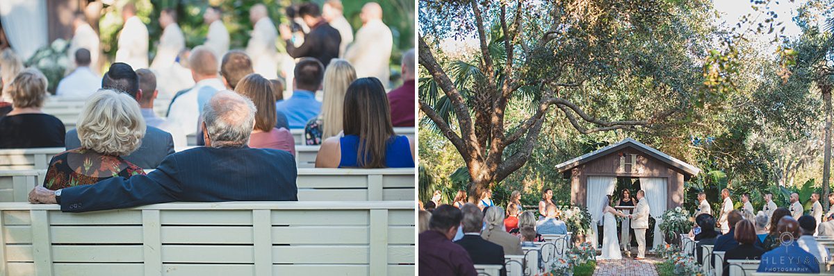 family and friends watching bride and groom ceremony outdoors rustic