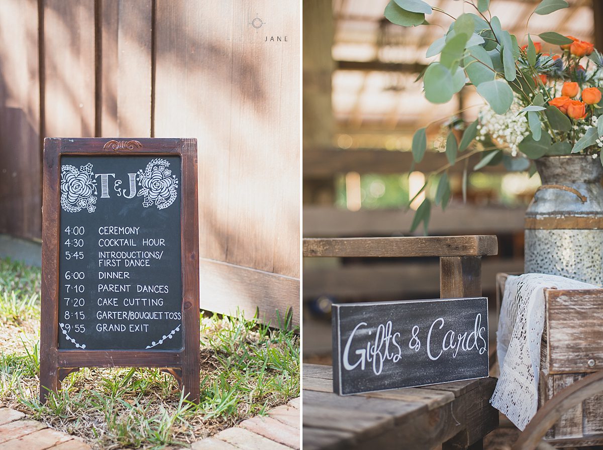 rustic wedding decor details itinerary and gifts and cards