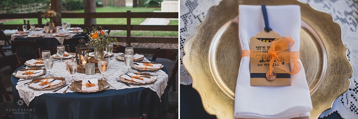 plate setting for wedding reception rustic orange and blue