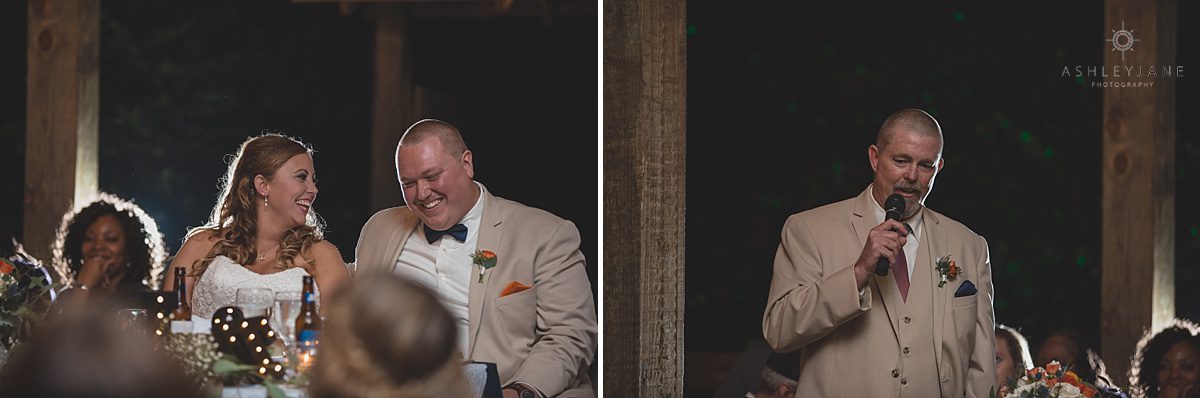 father of the bride giving toasts bride and groom laughing