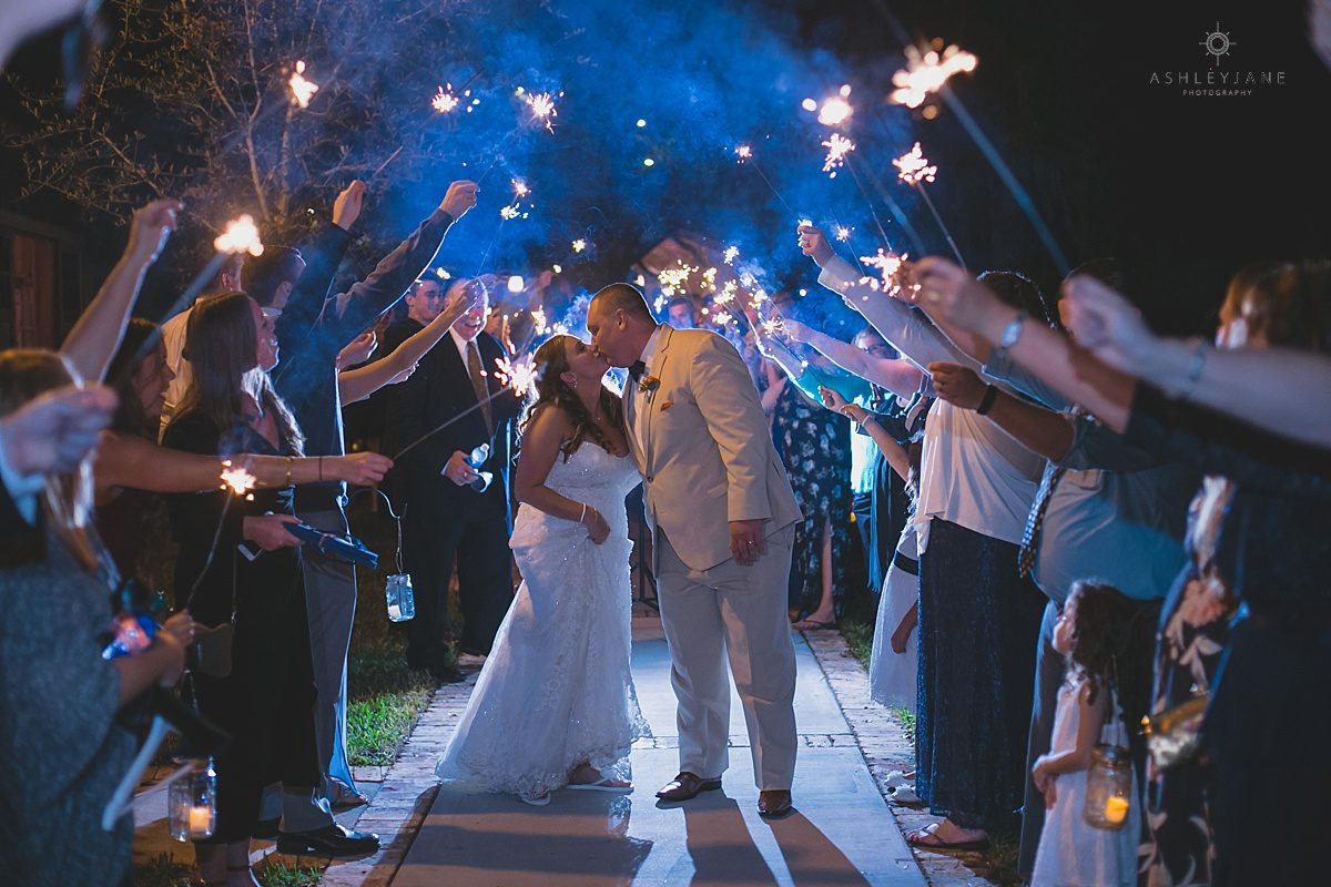 bride and groom share a kiss under sparklers end of the night 