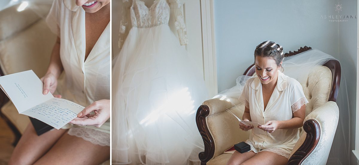 Elegant Rustic Cypress Grove Estate House Wedding| Bride reading a letter from her groom on her wedding day shot by orlando wedding photographer
