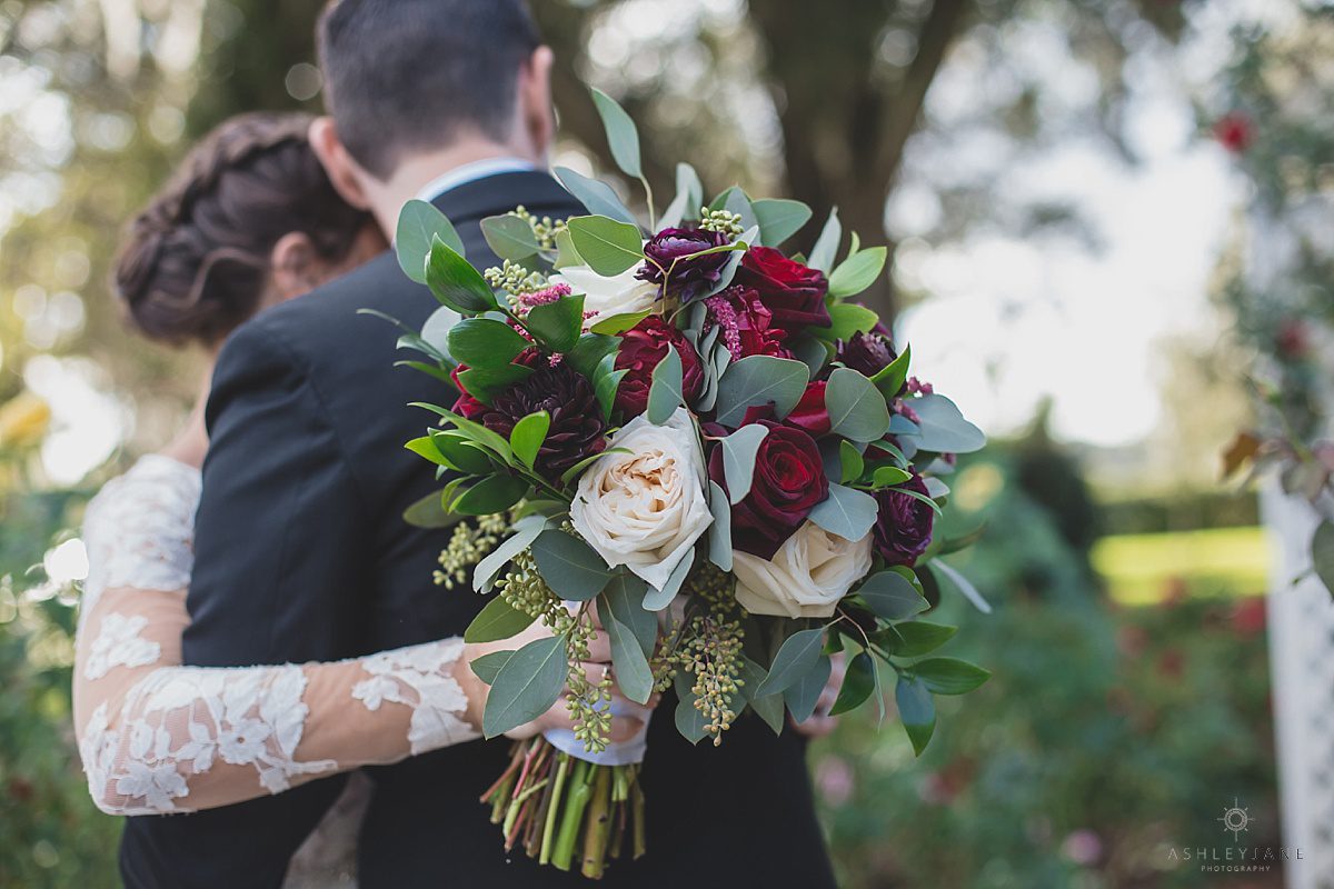 Elegant Rustic Cypress Grove Estate House Wedding | Eucalyptus rose wine color burgundy merlot florals shot by orlando wedding photographer