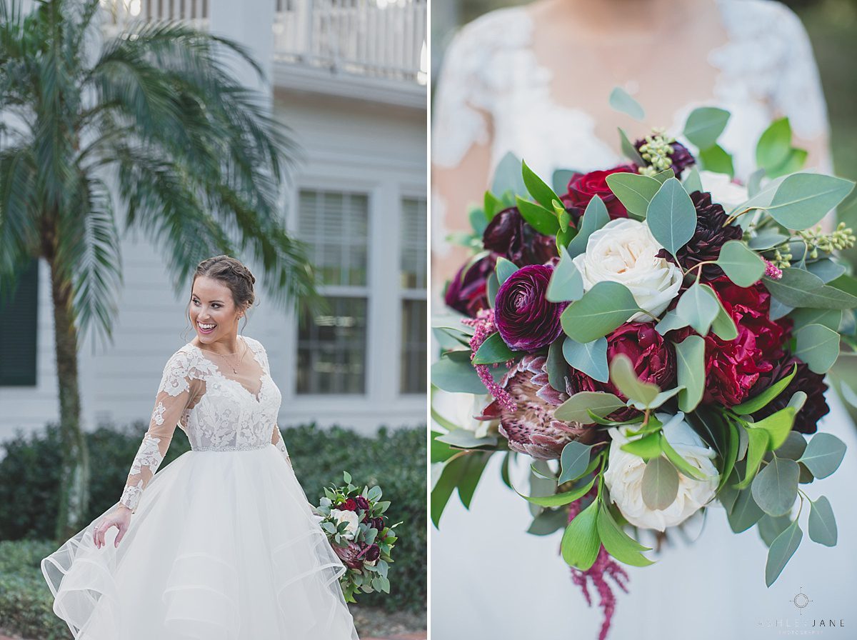 Elegant Rustic Cypress Grove Estate House Wedding | Hailey page gown estate wedding formal burgundy wine color bridal bouquet winter wedding eucalyptus rose shot by orlando wedding photographer
