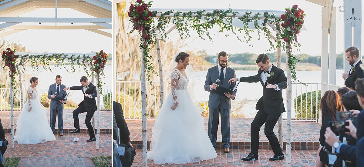 Elegant Rustic Cypress Grove Estate House Wedding | Groom breaking glass jewish tradition wedding outdoor lakeside wine color winter wedding shot by orlando wedding photographer