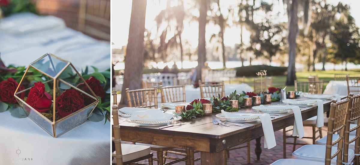 Elegant Rustic Cypress Grove Estate House Wedding reception farm tables and gold atrium floral decor  shot by orlando wedding photographer