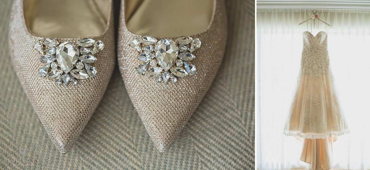 bridal shoes and lace bridal ball gown