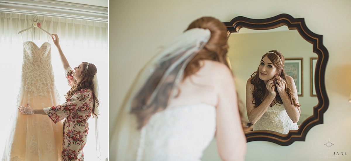 bride with her wedding dress and getting ready on her wedding day