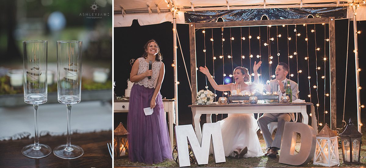 Maid of honor giving her speech and mr and mrs champagne glasses