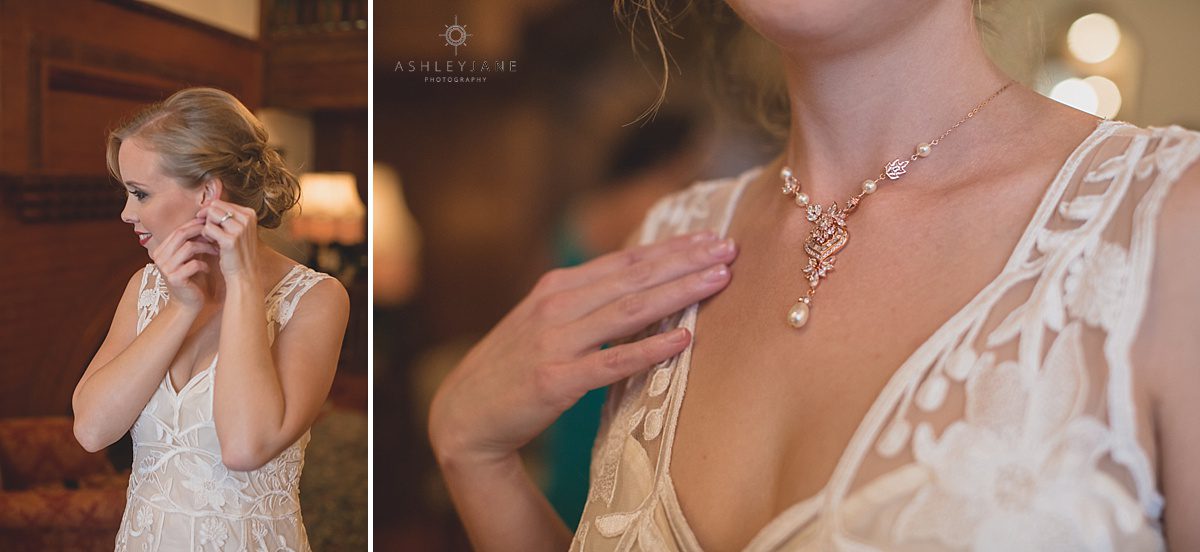 Bride getting ready at Thomas Center Wedding in her art deco rose gold jewelry 