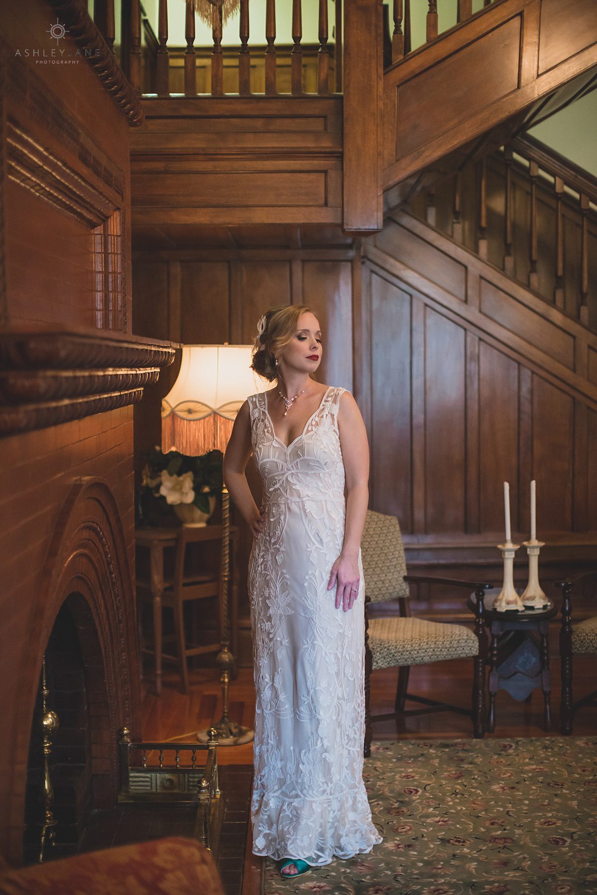 Bride in her a line sheath beaded gown 