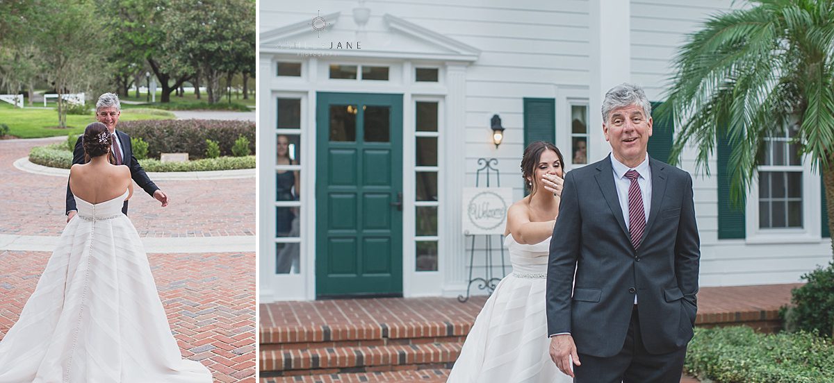 Bride and father of bride seeing each other outside of Cypress Grove Estate House 