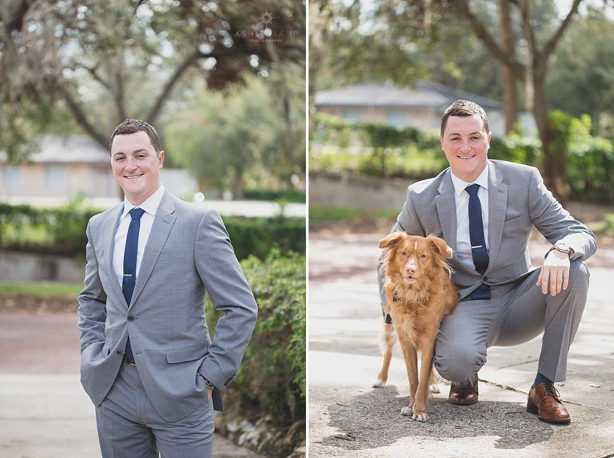 Groom in his grey suit and navy tie with his dog shot by orlando wedding photographer