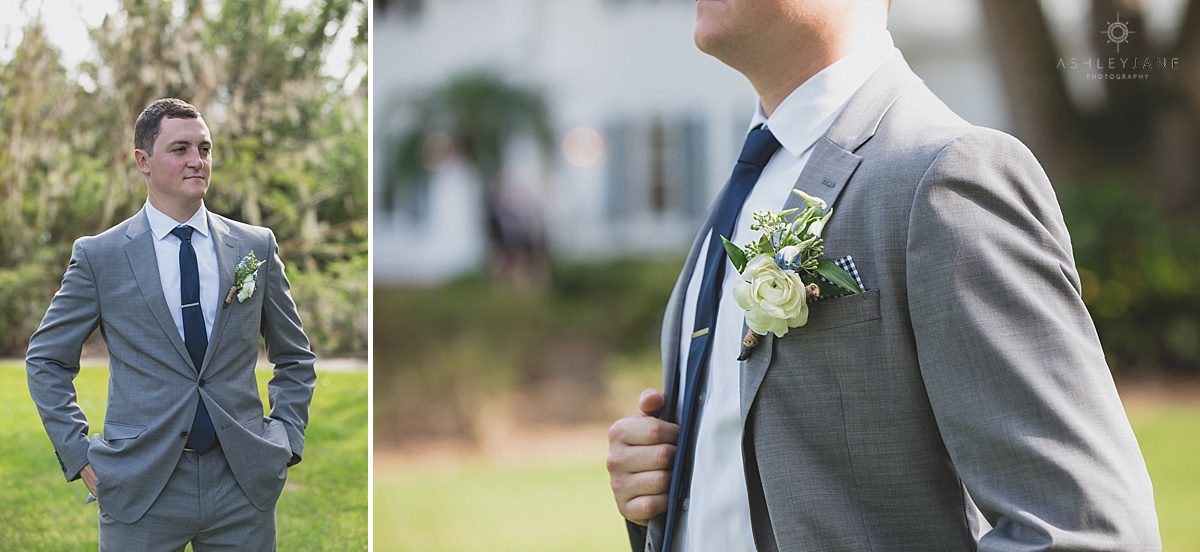 Groom with his ivory boutonniere and gingham pocket square outside of Cypress Grove Estate House shot by orlando wedding photographer 