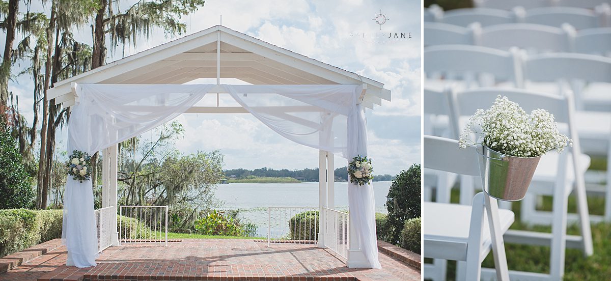 White lakefront gazebo altar at Cypress Grove Estate House is perfect for a classic Southern Estate House Wedding shot by orlando wedding photographer