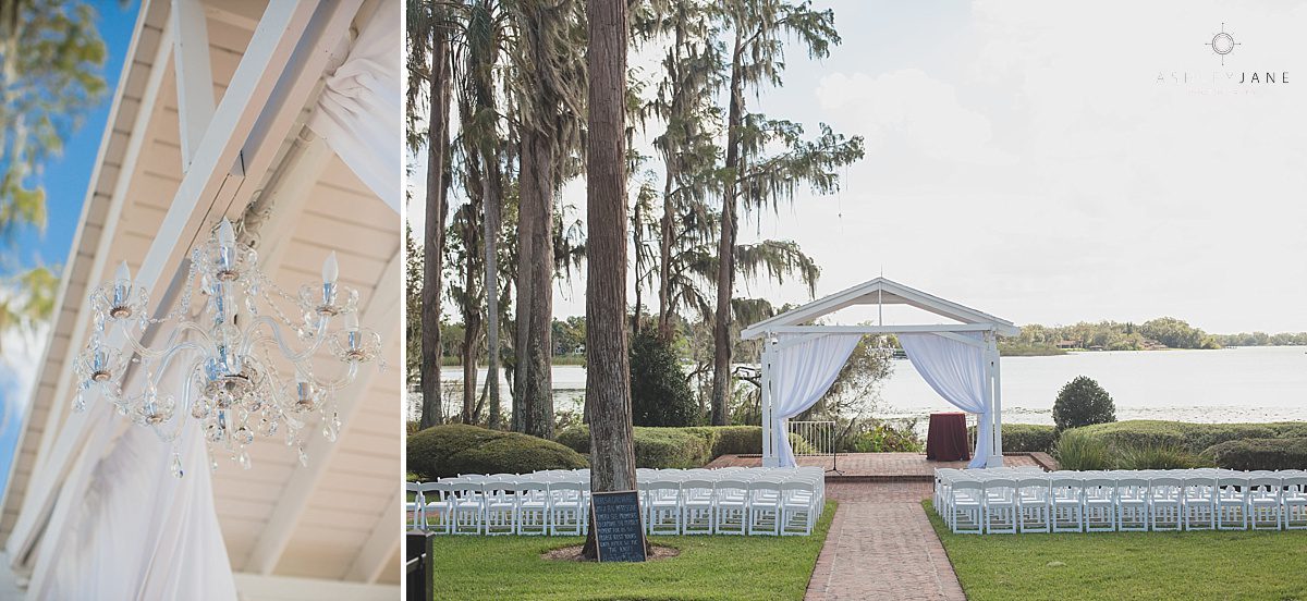 Lakeside outdoor ceremony shot by orlando wedding photographer for an Elegant Marsala Cypress Grove Wedding