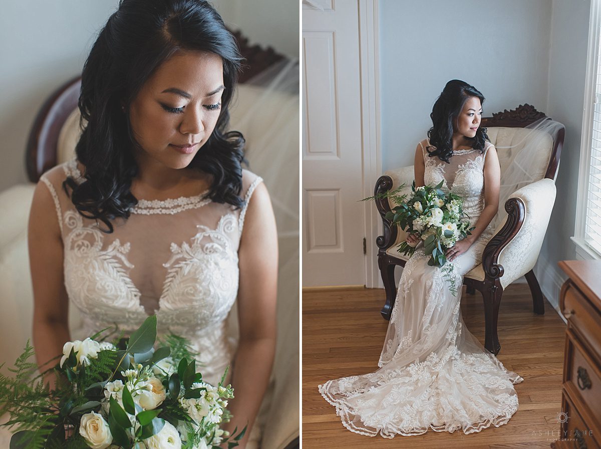 Bride and bridal bouquet inside the bridal suite if Cypress Grove Estate House 