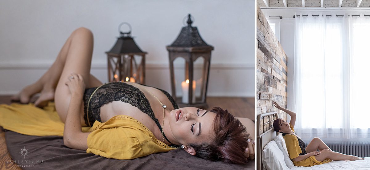 Model in boho style gold robe and black teddy shot by Orlando Boudoir Photographer