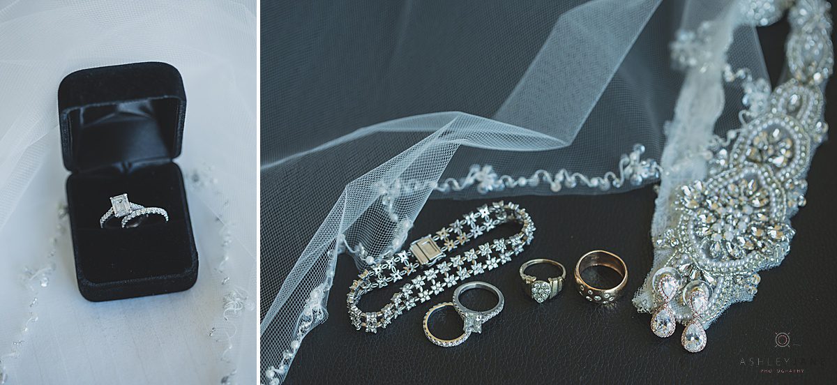 Emerald solitaire engagement ring and shot of bridal accessories captured by orlando wedding photographer