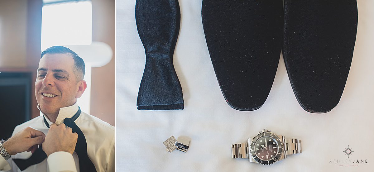 Groom getting in his tux and a shot of his accessories shot by orlando wedding photographer