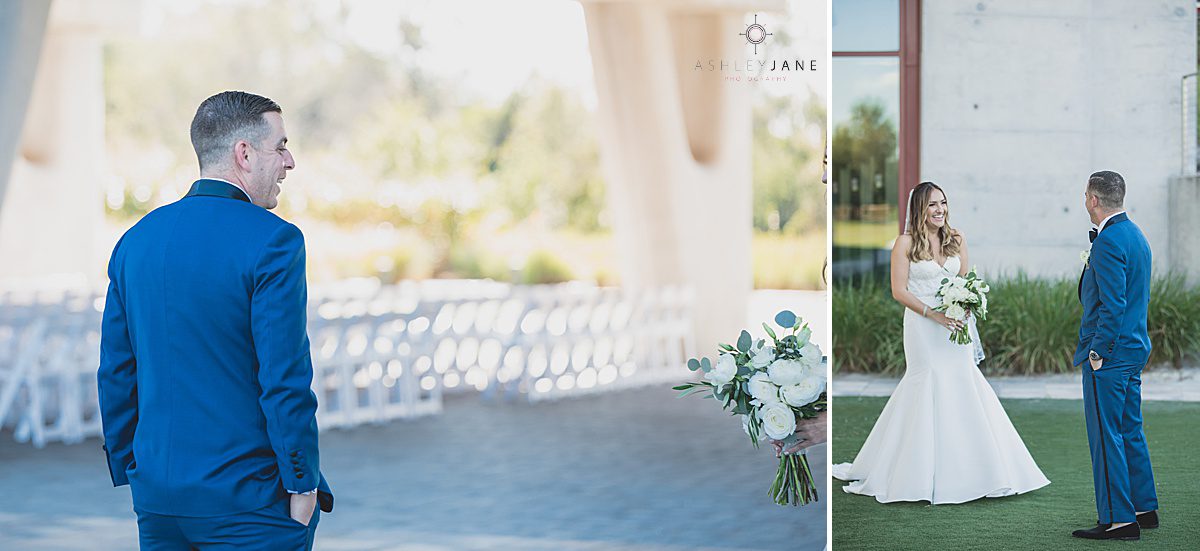 Groom reacting to seeing his bride for the first time during the first look at The Clubhouse at Streamsong Red shot by orlando wedding photographer