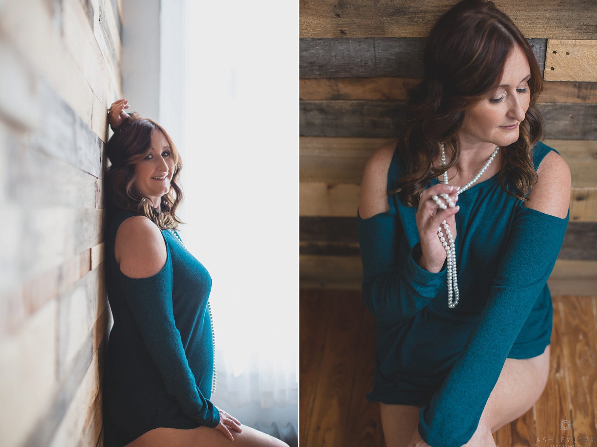 Two images the first is of a woman pressed with her back against a wood wall and she has her hand up in her hair, with a cold shoulder shirt on. The second image has the same woman sitting on the floor holding pearls with her eyes seductively looking down her body shot by Orlando boudoir photographer.