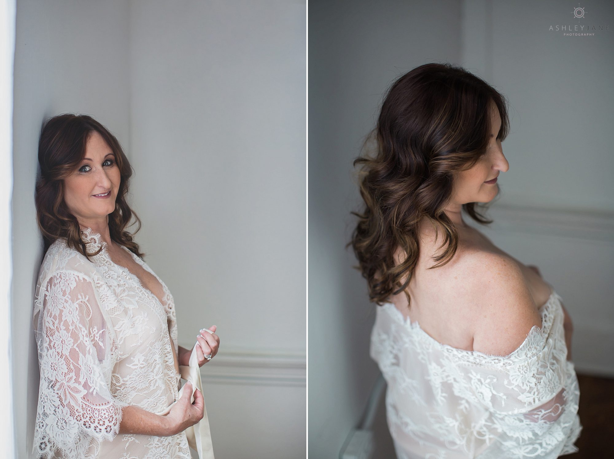 Two images in both woman is wearing gorgeous lace robe. In one image she is standing untying the robe in the second image she has it draped around her shoulder. Images shot boudoir photographer in Orlando.