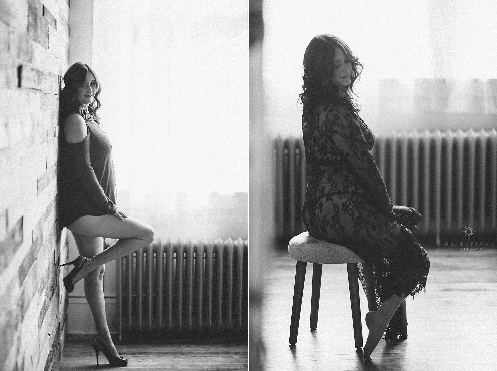 Two black and white images one image the woman is pressed up against the wall with her high heel hiked up on the wall. The second image is of the same woman sitting on a stool in a gorgeous black lace dress shot through a mirror by Orlando Boudoir Photographer