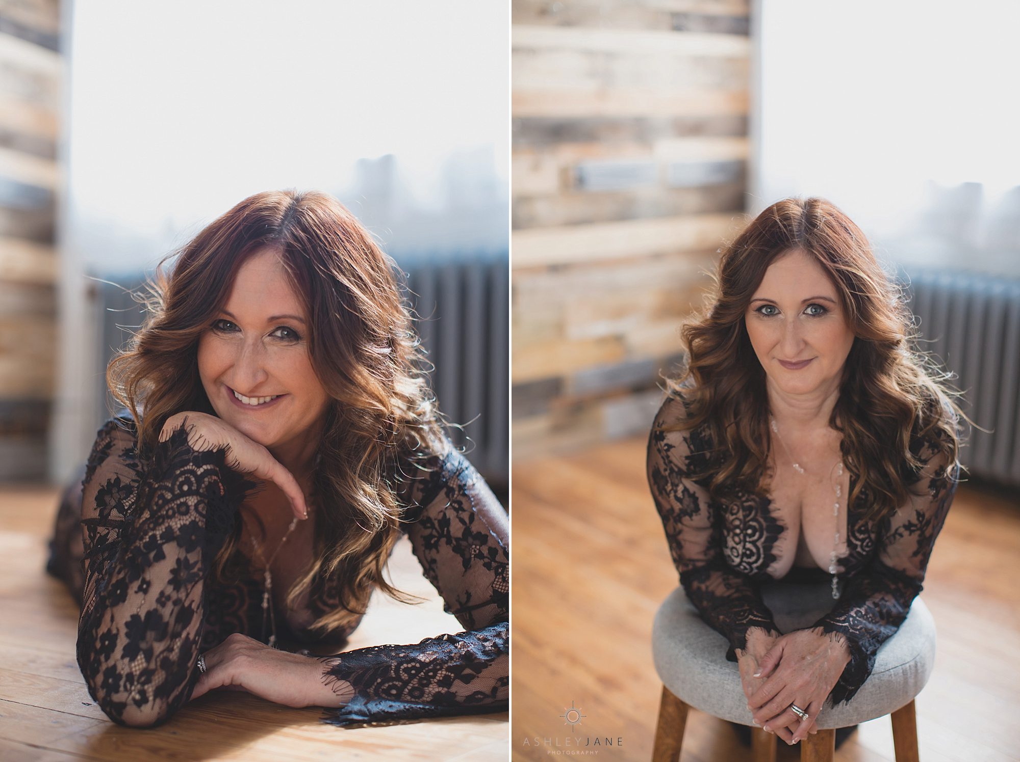 Two images of woman in black lace dress laying on floor, shot by boudoir photographer in Orlando.