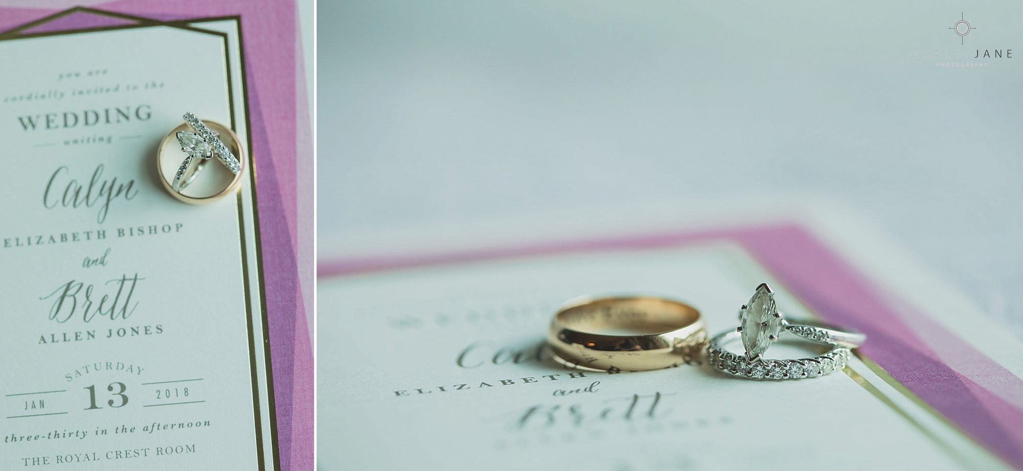 Detail photos of the couple's wedding rings on the wedding invitation. Photo taken by Orlando Wedding Photographer at the Royal Crest Room in St. Cloud.