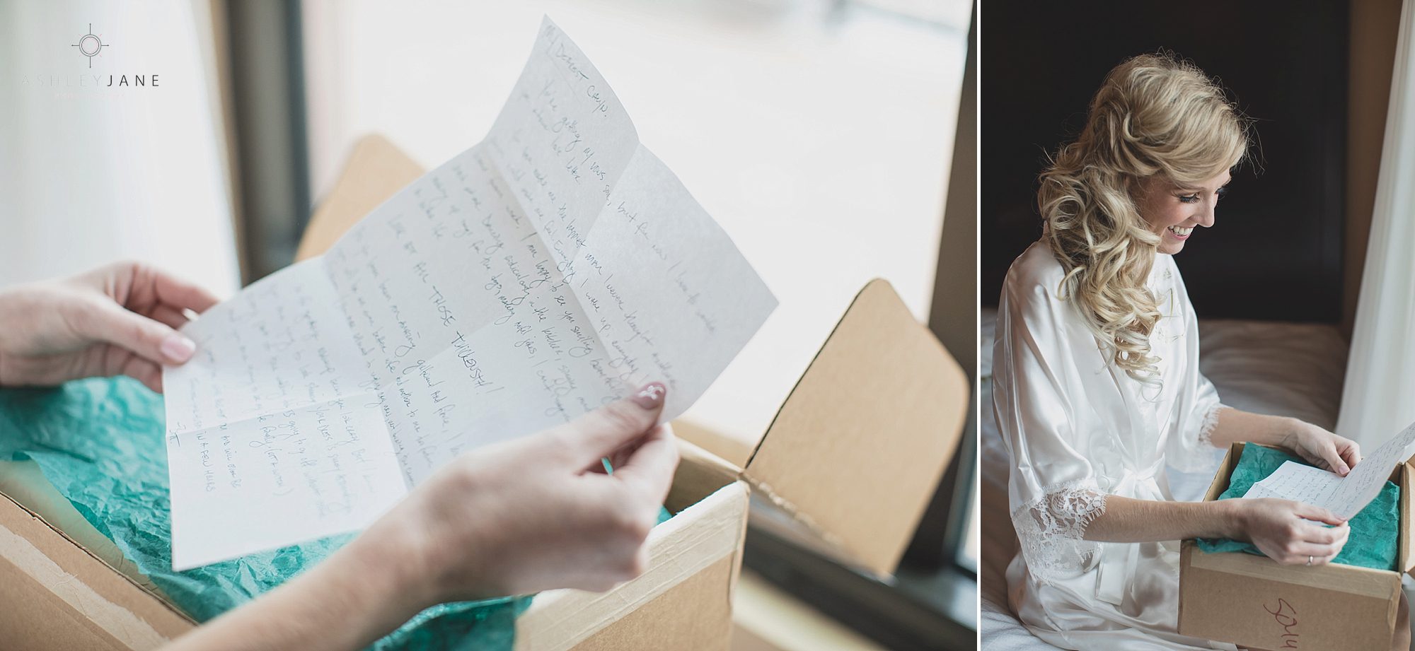 Bride reading a letter from her husband to be.